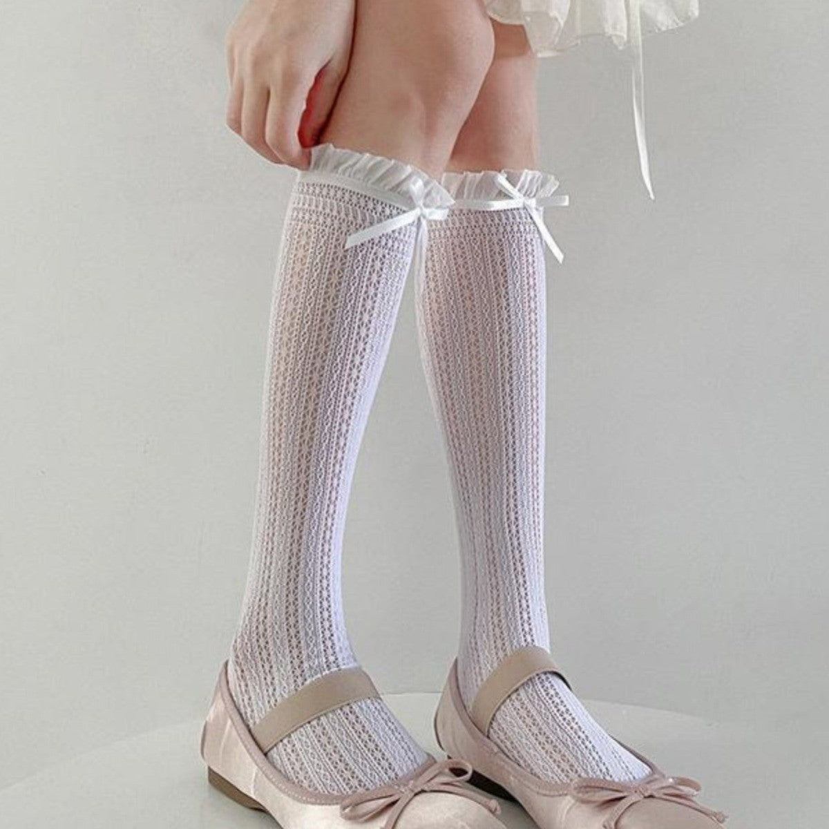 Lace Bow Ballet Crew Socks | Openwork Ruffle Socks for Women