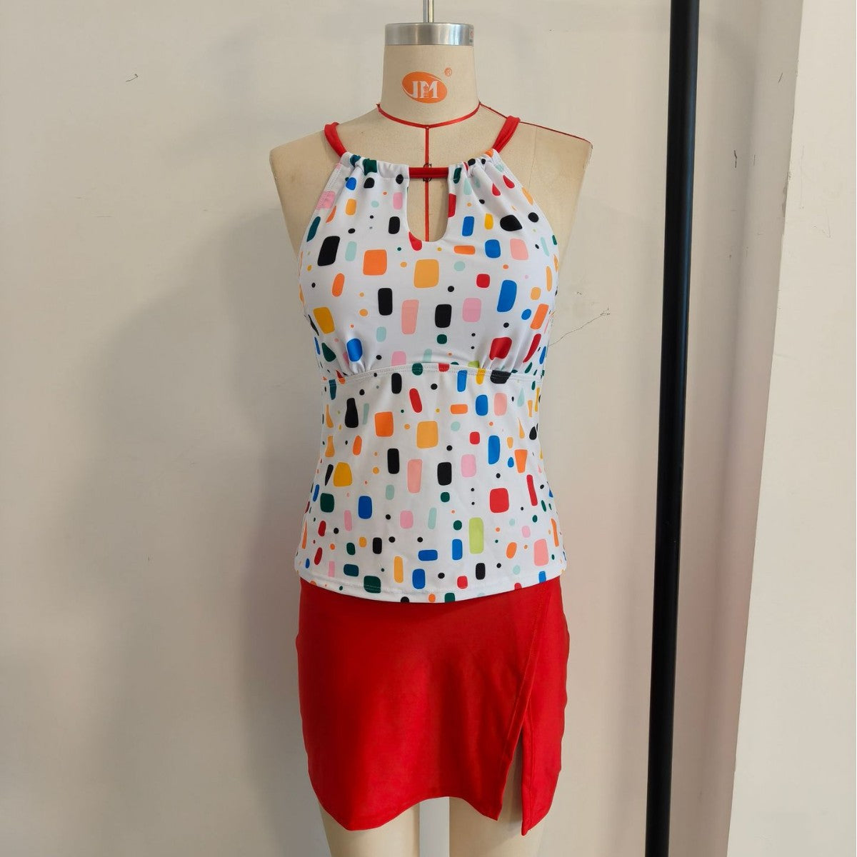 Polka Dot Halter Contrast Two-Piece Skirted Women's Swimwear