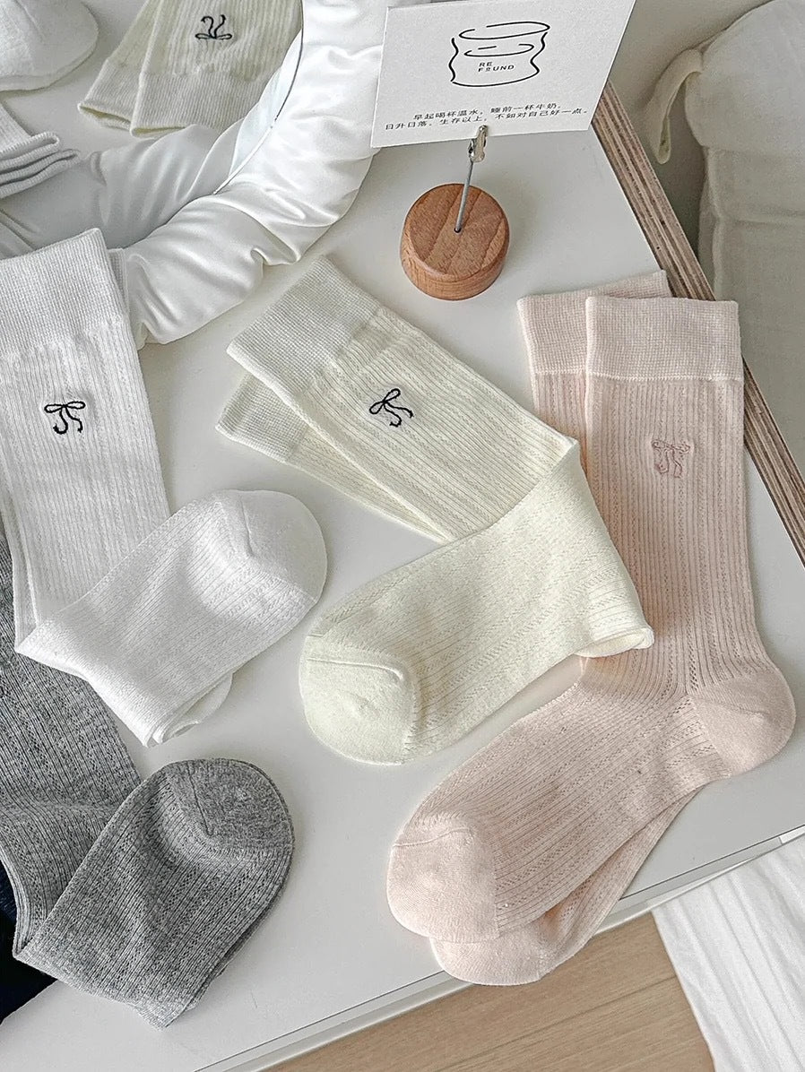 Thin Summer Ballet Bow Cotton Crew Socks for Women
