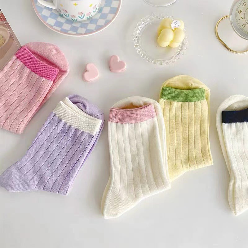 Contrast Cuff Crew Socks for Women | Lightweight Striped Cotton Socks