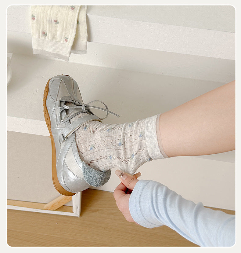 Floral Mesh Cotton Crew Socks for Women | Breathable Spring Summer