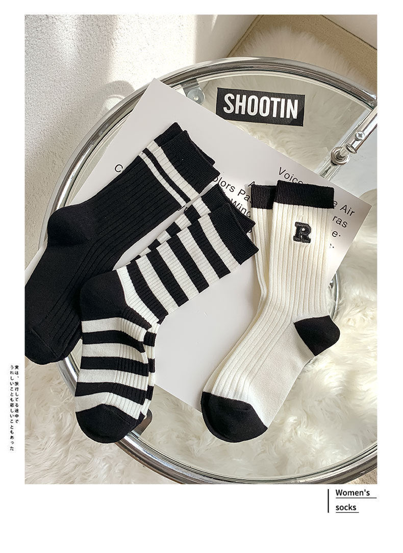 Breathable Striped Crew Socks for Women | Black White Trendy Casual Socks