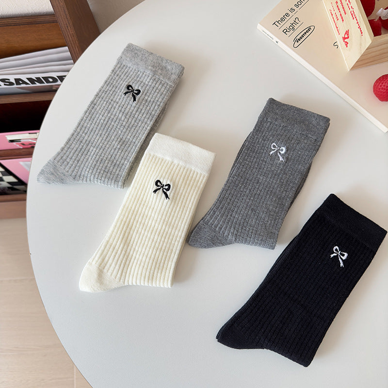 Embroidered Bow Cotton Crew Socks for Women | Casual Everyday Socks