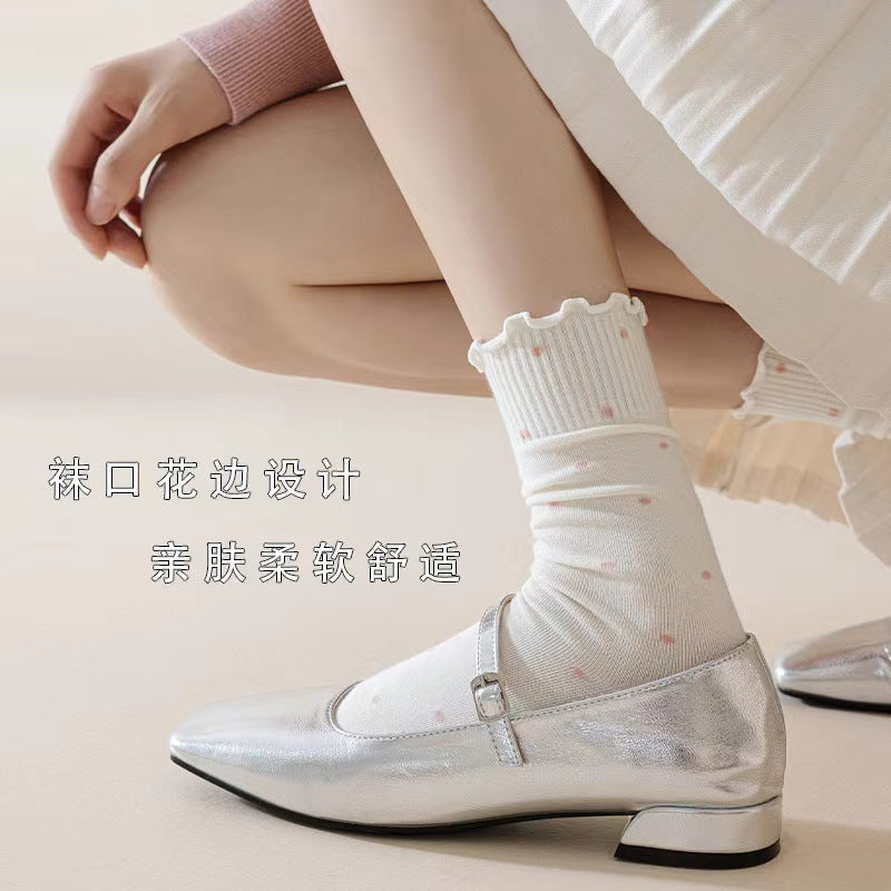 Ruffled Polka Dot Cotton Crew Socks for Women
