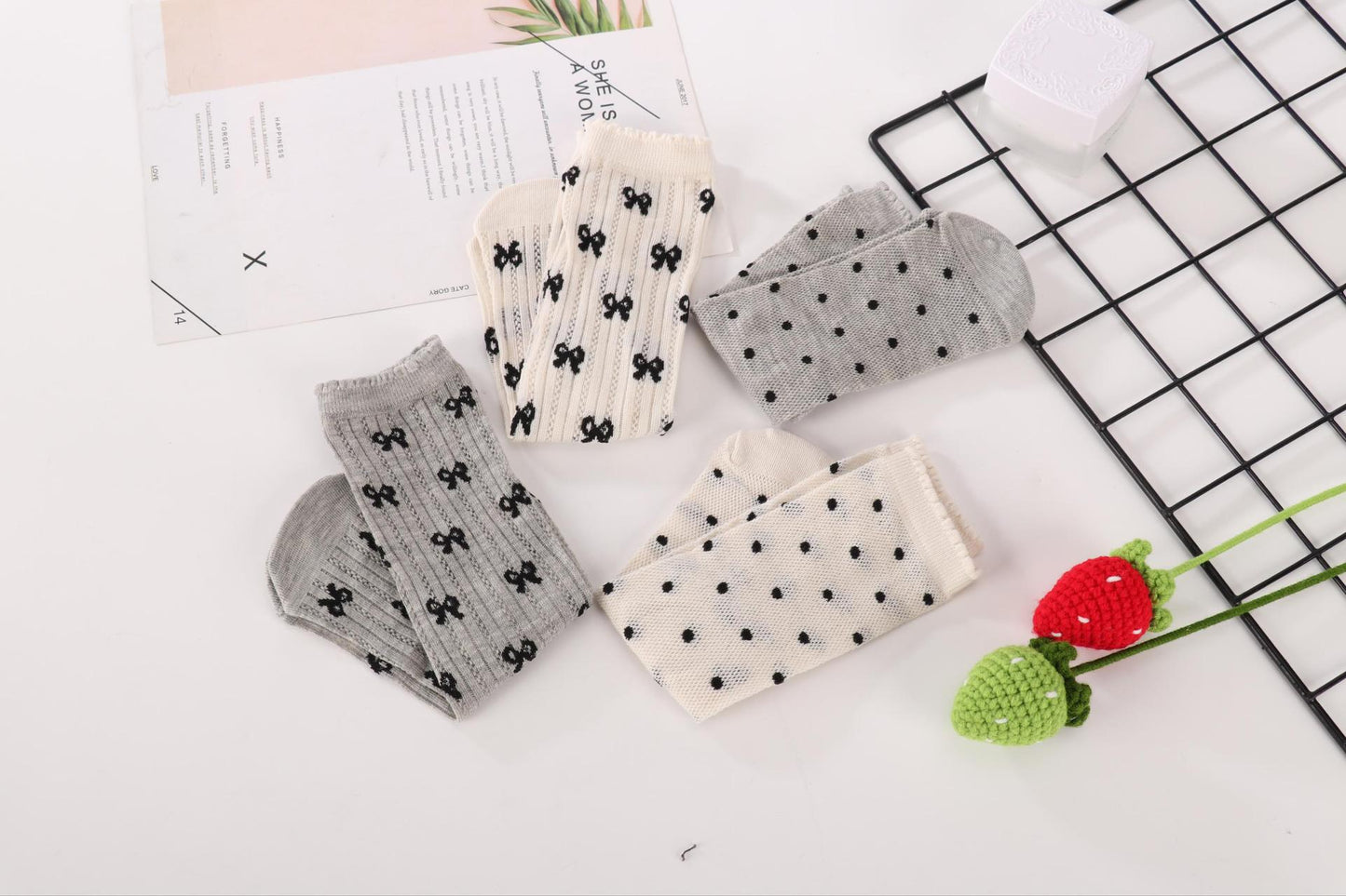 Cute Bow & Polka Dot Crew Socks | Breathable Mesh Summer Socks for Women