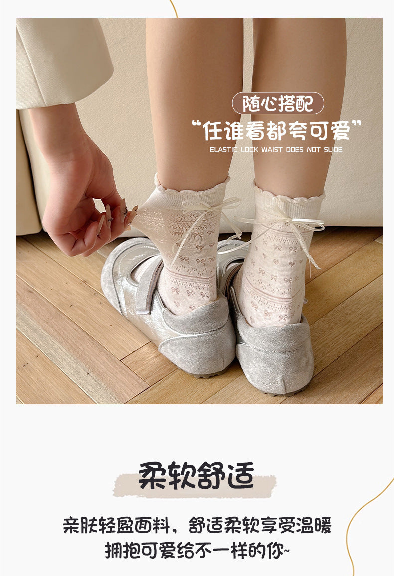 Sheer Cotton Crew Socks for Women | Bow Back Lace Trim