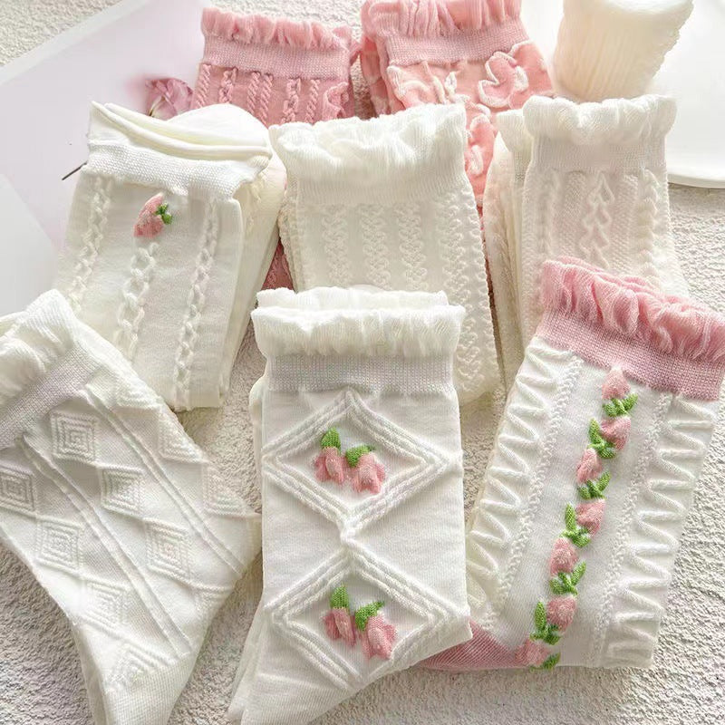 Women's Ruffled Floral Crew Socks | Thin Cotton Spring Summer Socks