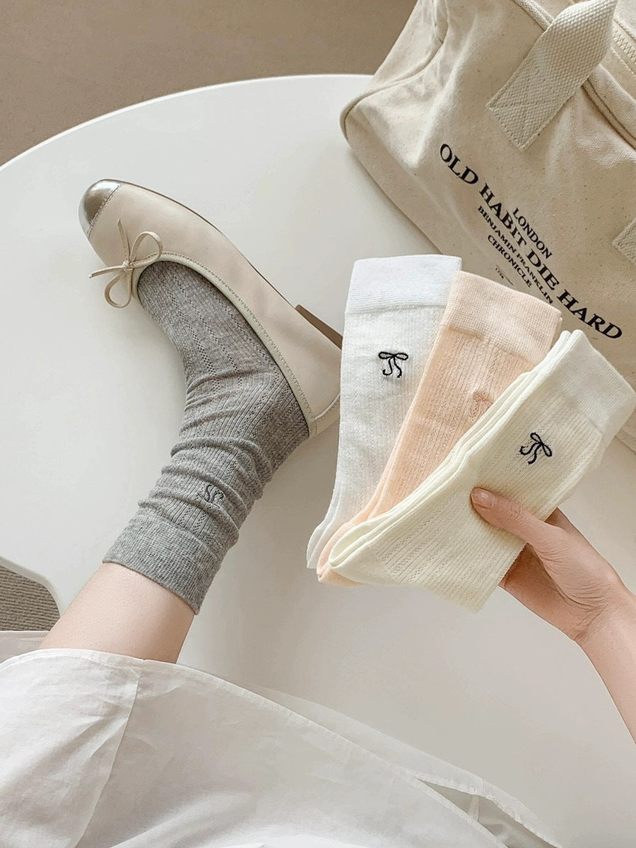 Thin Summer Ballet Bow Cotton Crew Socks for Women