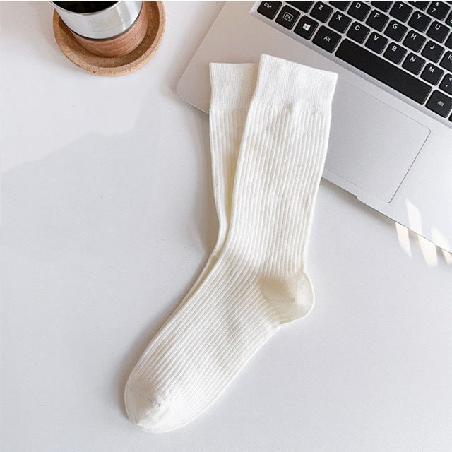 Ribbed Cotton Crew Socks for Women | Solid Warm Winter Socks
