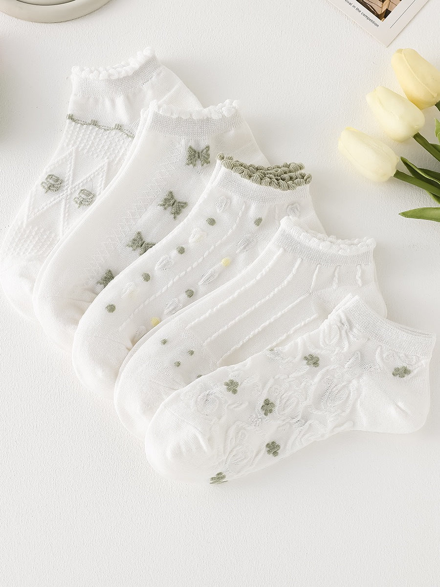 Cute Ruffled Ankle Socks for Women | Fresh White Green Cotton Socks