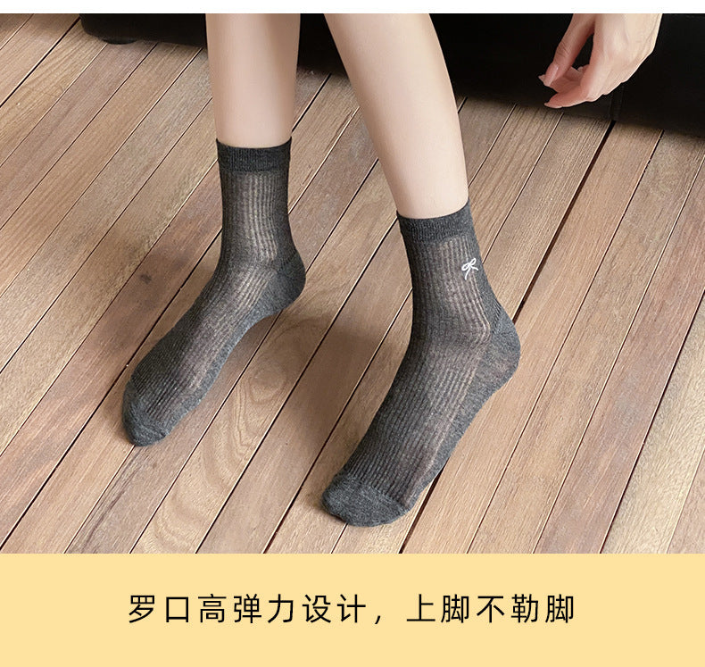 Bow Embroidered Women Ankle Socks | Breathable Cotton Mesh Summer Socks