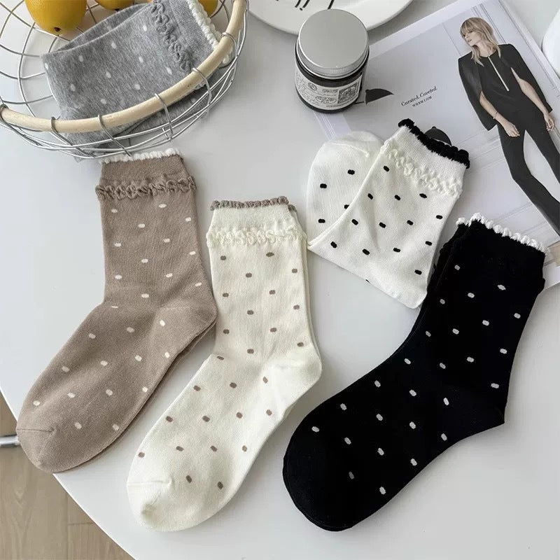 Polka Dot Cotton Crew Socks for Women | Ruffled Lace Trim