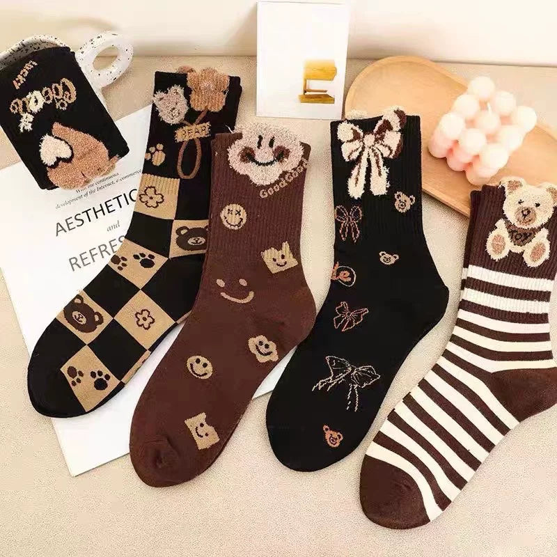 Cute Bear Crew Socks for Women | Cozy Fall Winter Patterned Socks