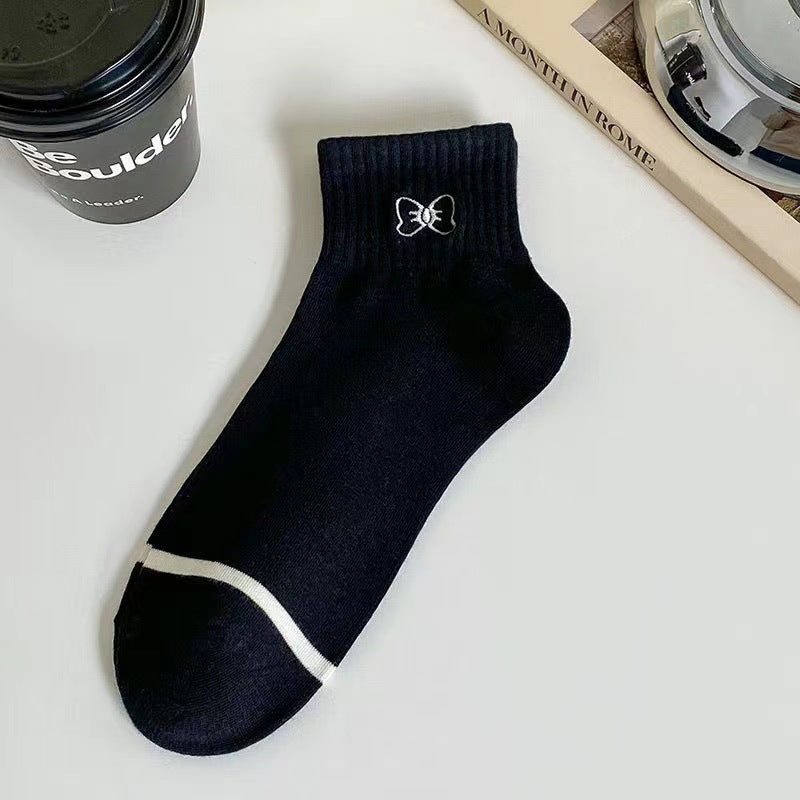 Embroidered Ankle Socks for Women | Black White Cotton Casual Socks