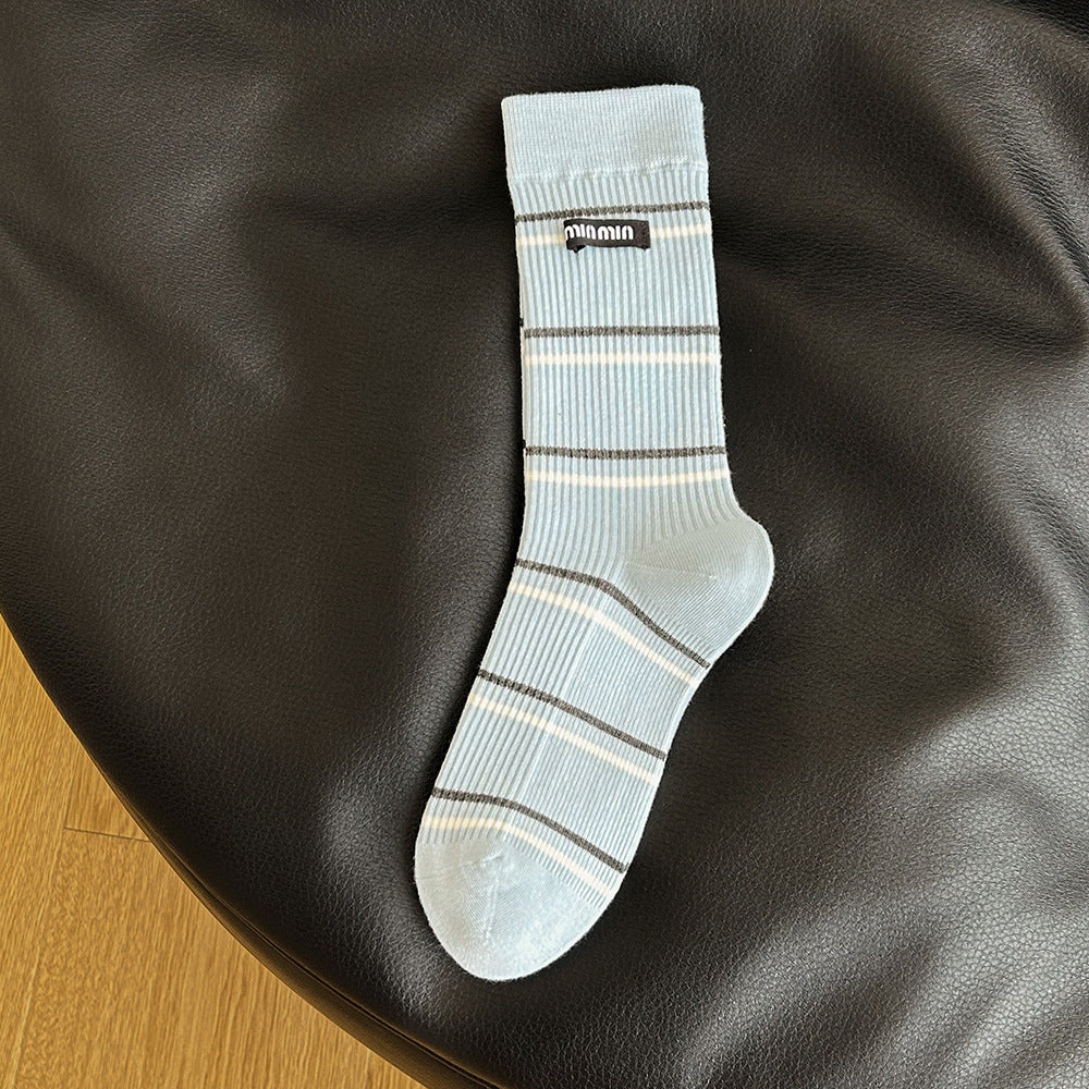 Women's Striped Cotton Crew Socks | Trendy Mid-Calf Socks