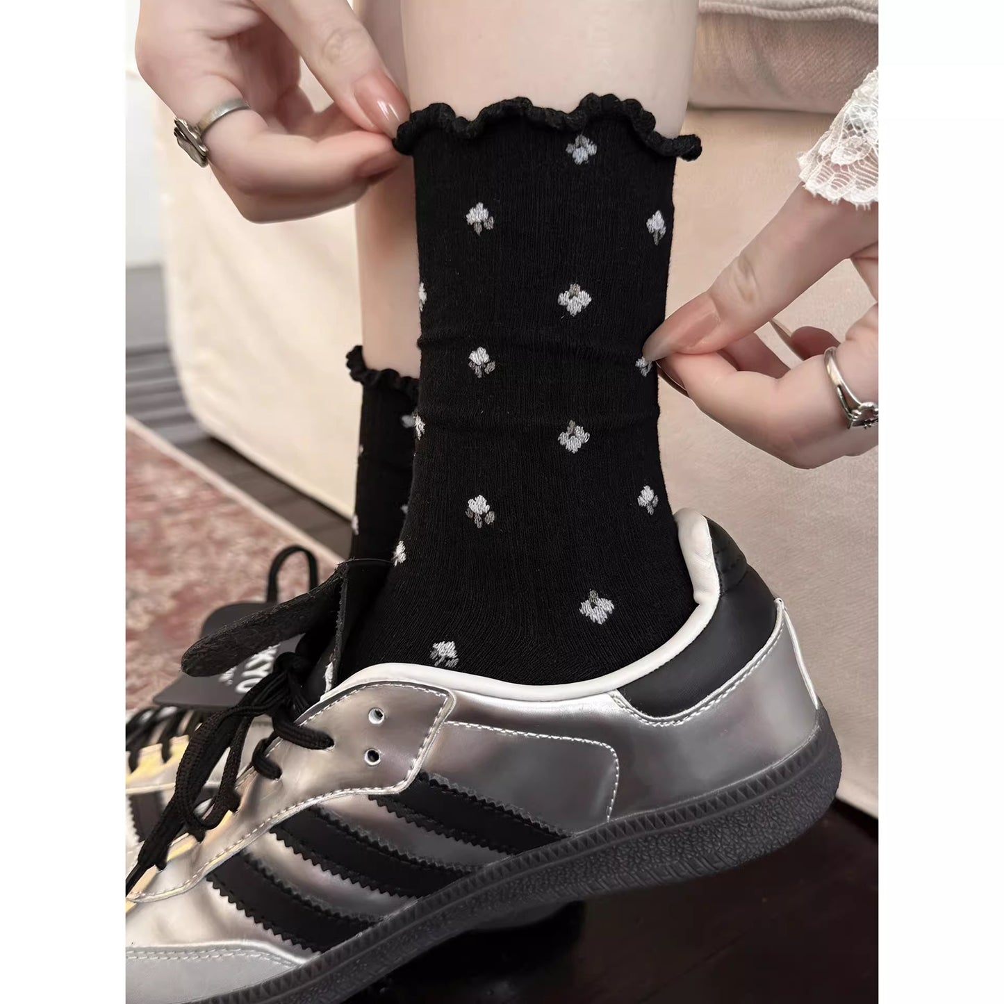 Floral Ruffled Crew Socks for Women | Thin Breathable Spring Summer Socks