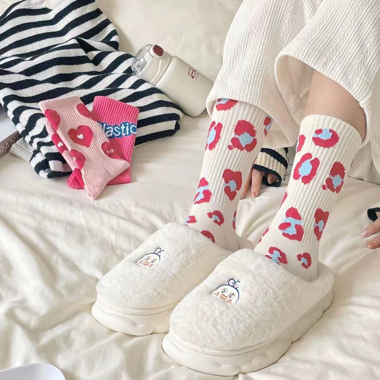 Cute Patterned Pink Crew Socks for Women | Trendy Casual Socks