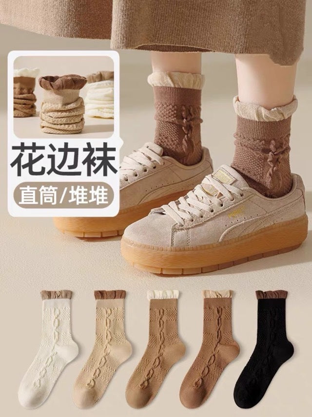 Cable Knit Crew Socks for Women | Breathable Ruffle Trim Cozy Socks