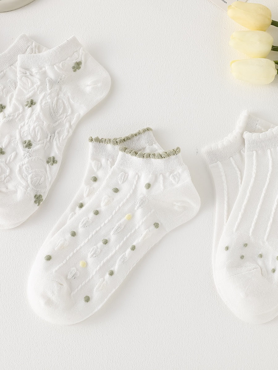 Cute Ruffled Ankle Socks for Women | Fresh White Green Cotton Socks