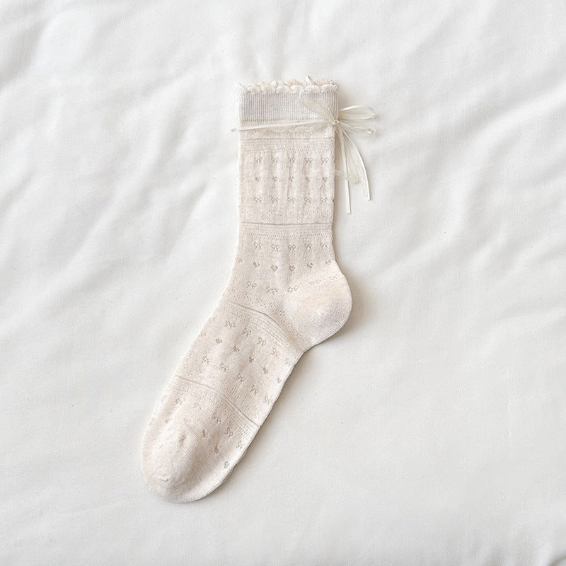 Sheer Cotton Crew Socks for Women | Bow Back Lace Trim