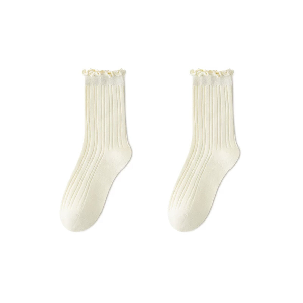 Ruffle Trim Solid Cotton Crew Socks for Women