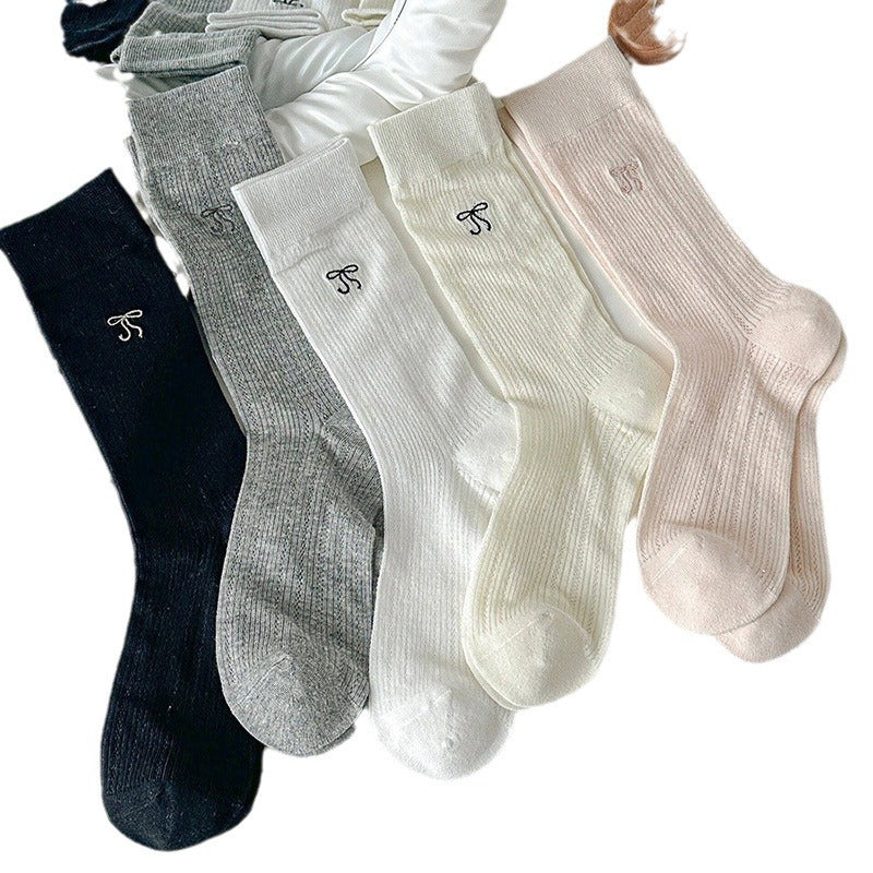 Thin Summer Ballet Bow Cotton Crew Socks for Women