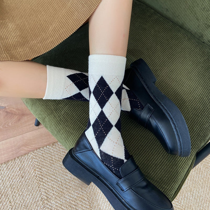 Vintage Argyle Crew Socks for Women | Retro Patterned Mid-Calf Socks