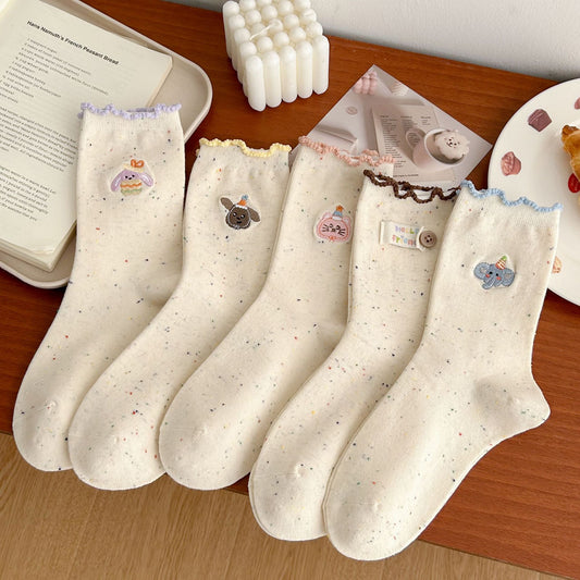 Cute Embroidered Cotton Crew Socks for Women | Ruffled Casual Socks