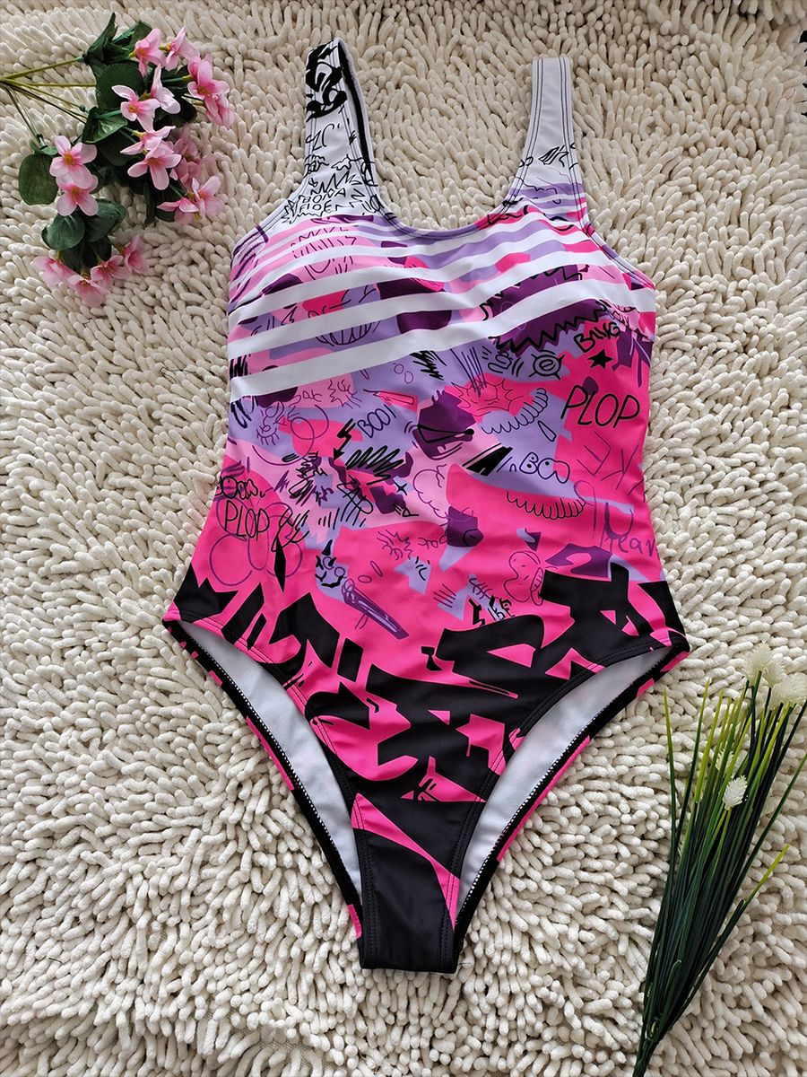 Pink Graffiti Print One-Piece Swimsuit | Sexy Beach Swimwear