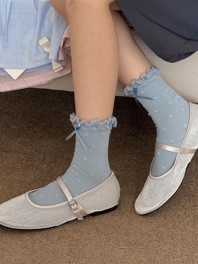 Ruffled Polka Dot Crew Socks for Women | Breathable Bow Socks