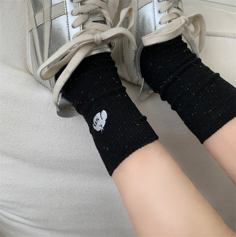 Speckled Embroidered Cotton Crew Socks for Women