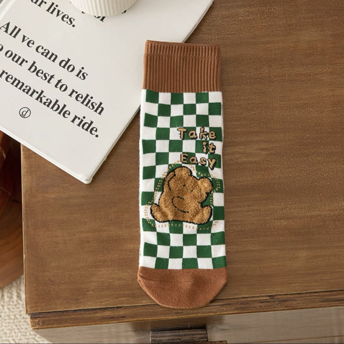 Cute Cotton Novelty Crew Socks | Checkered Bear Women's Socks