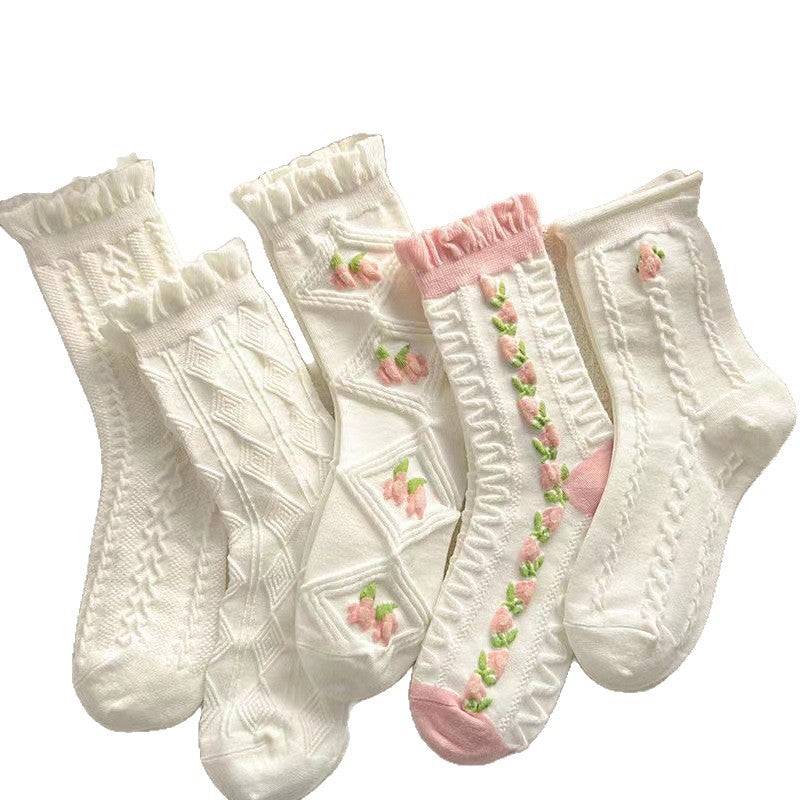 Women's Ruffled Floral Crew Socks | Thin Cotton Spring Summer Socks