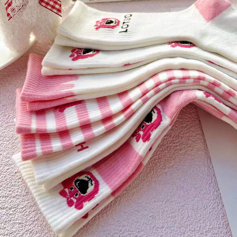 Cute Pink Strawberry Bear Crew Socks for Women