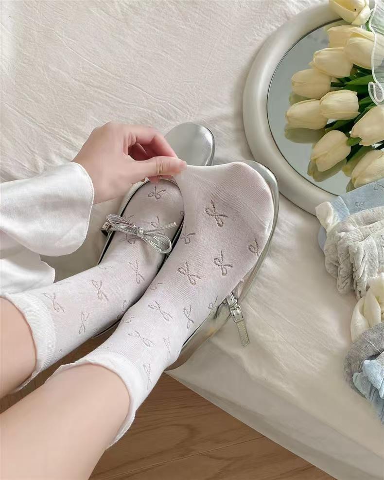 Ruffled Bow Cotton Crew Socks | Balletcore Socks for Women