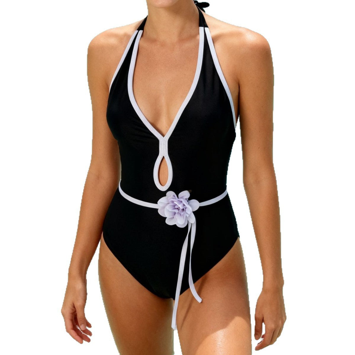 Black 3D Flower Halter One-Piece Swimsuit | Flattering Swimwear