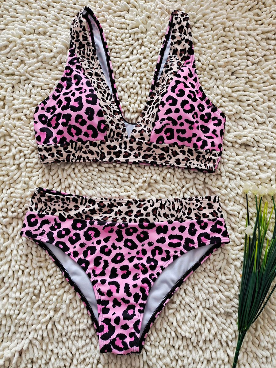 Color Block Leopard Bikini Set | Sexy High Waisted Women's Swimwear