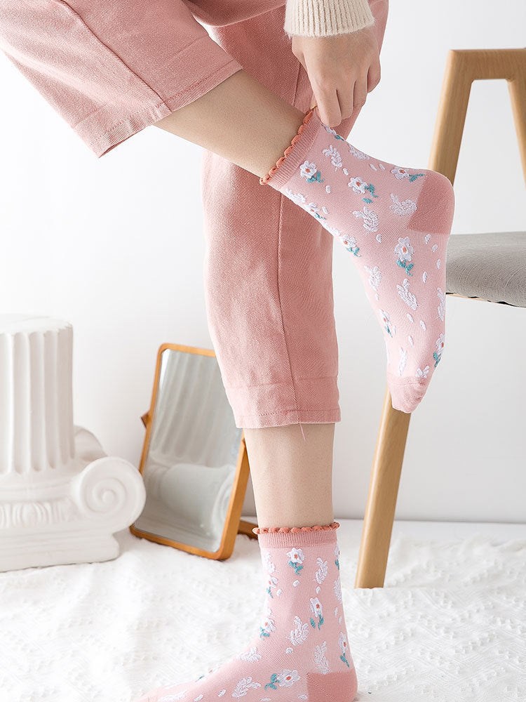 Women's Floral Pink Crew Socks | Cotton Textured Patterned Socks