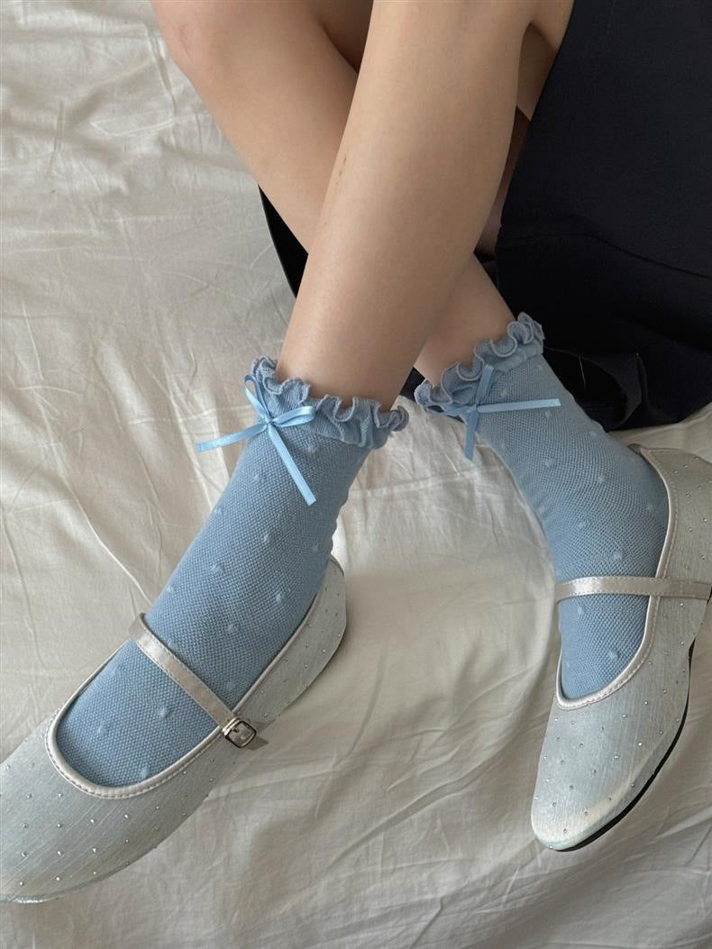 Ruffled Polka Dot Crew Socks for Women | Breathable Bow Socks
