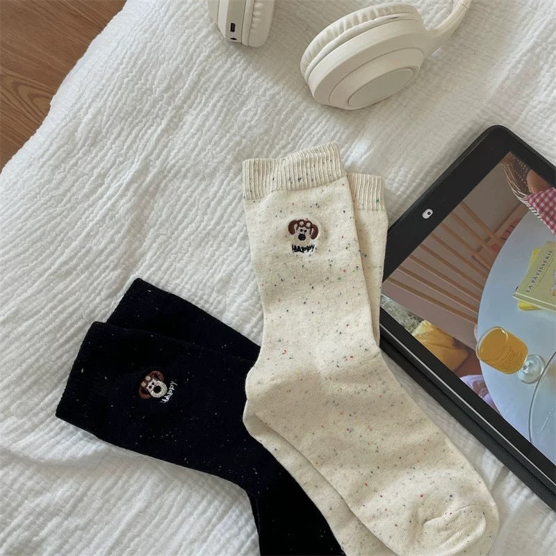 Cute Embroidered Crew Socks for Women | Soft Speckled Cotton Socks