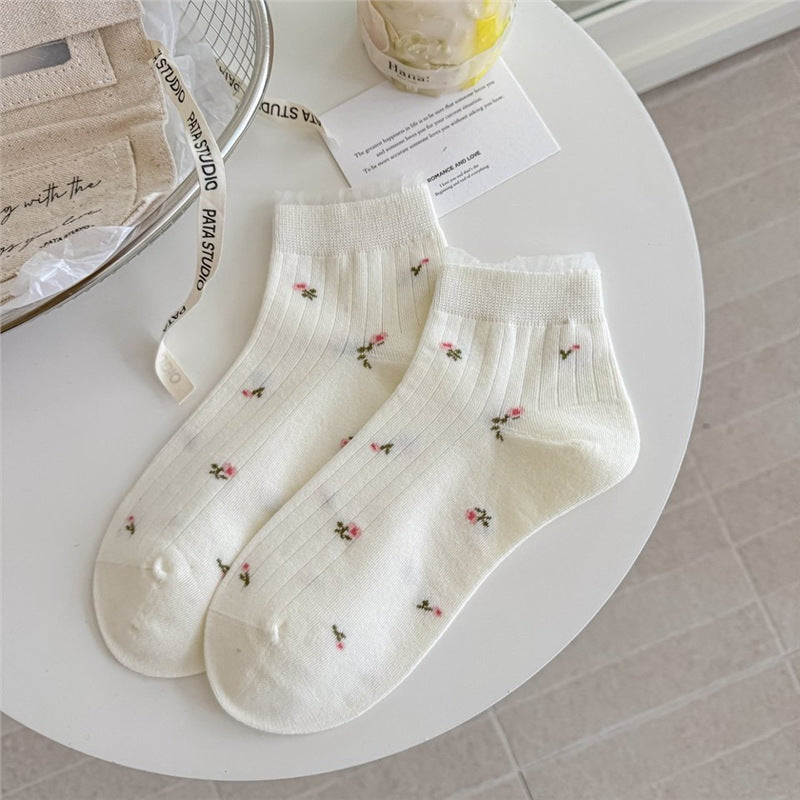 Vintage Floral Lace Ankle Socks for Women | Breathable Spring Summer Socks