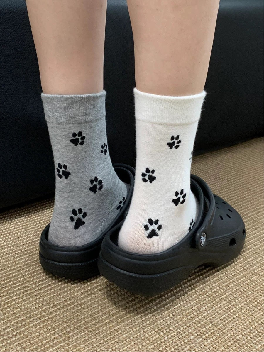Playful Cat Paw Cotton Crew Socks for Women | Casual Patterned