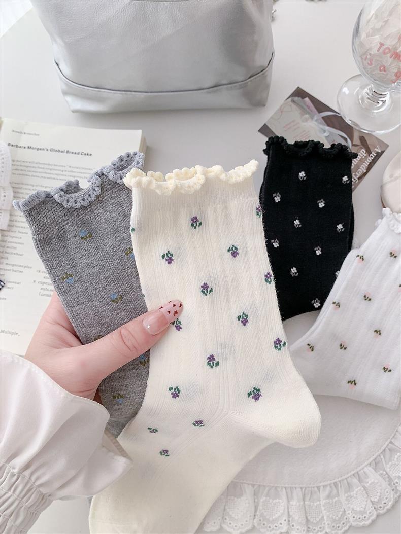 Floral Ruffle Crew Socks for Women | Thin Breathable Spring Socks