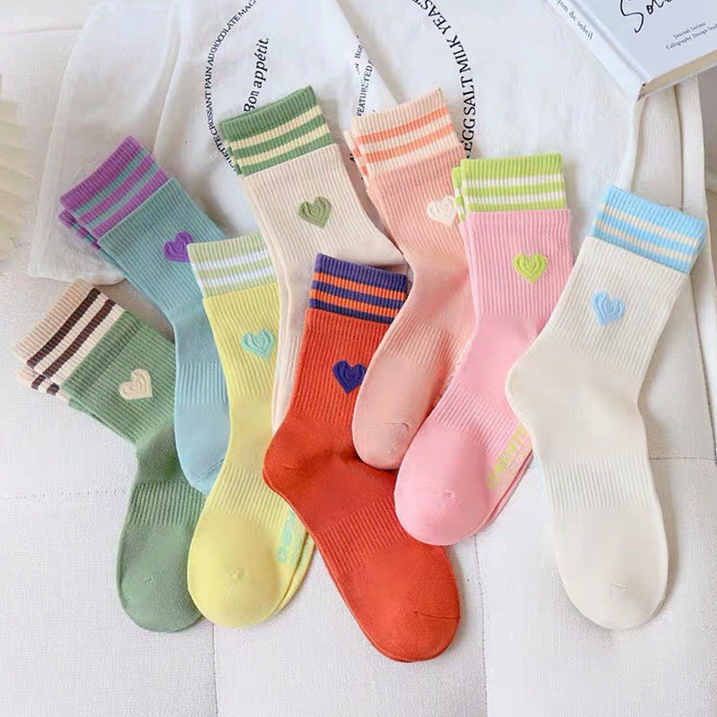 Cute Heart Striped Crew Socks | Athletic Socks for Women