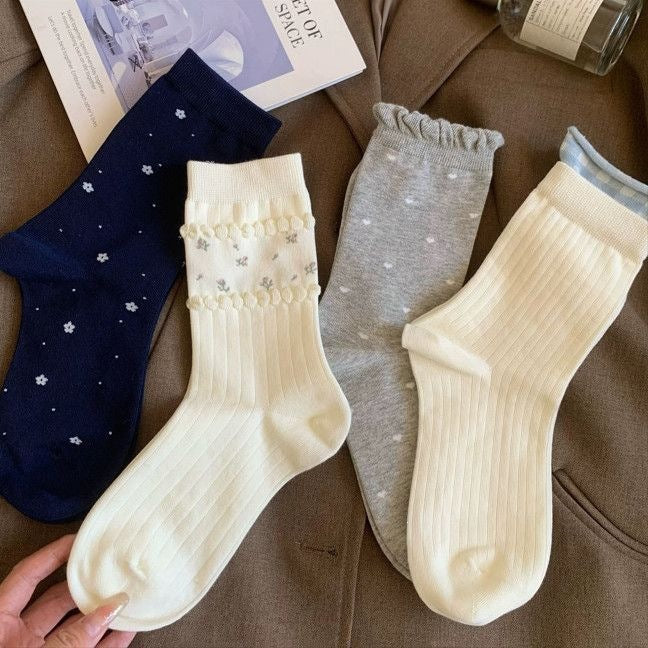 Cute Floral Crew Socks for Women | Soft Cotton Mid Calf Socks