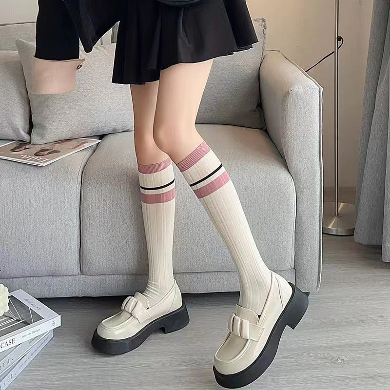 Pink Striped Knee High Socks | Women's Preppy Patterned Calf Socks