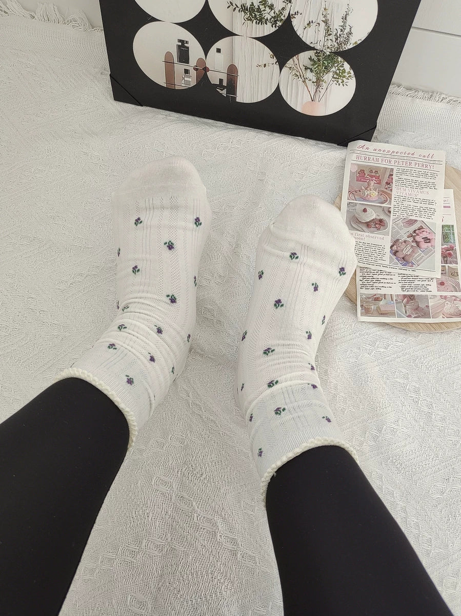 Floral Ruffle Crew Socks for Women | Thin Breathable Spring Socks