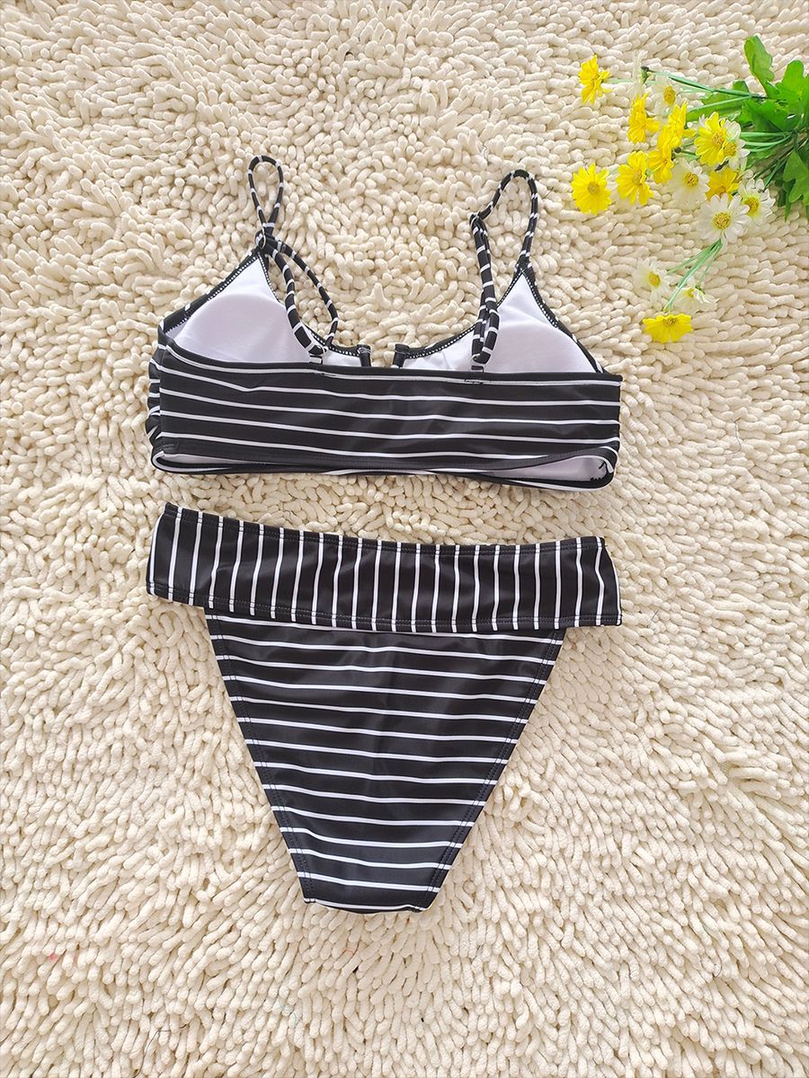Striped Notched V High-Waist Bikini Set | Sexy Women's Swimwear
