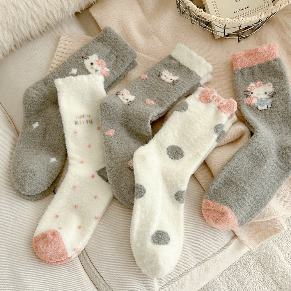 Cute Fuzzy Cozy Crew Socks | Hello Kitty Winter Socks for Women