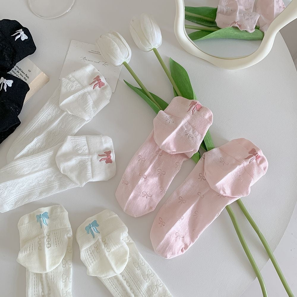 Bow Embroidered Ankle Socks for Women | Breathable Summer Mesh Socks